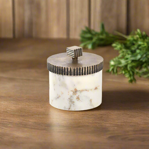 Round Marble Jar White with Brass Lid