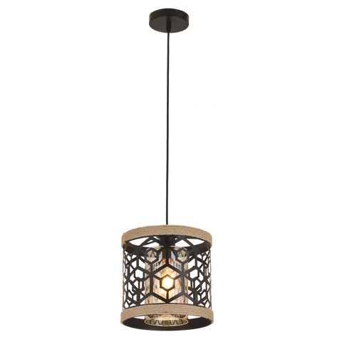 Metal & Rope Pendant with Amber Glass