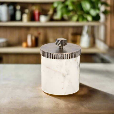 Round Marble Jar White with Brass Lid