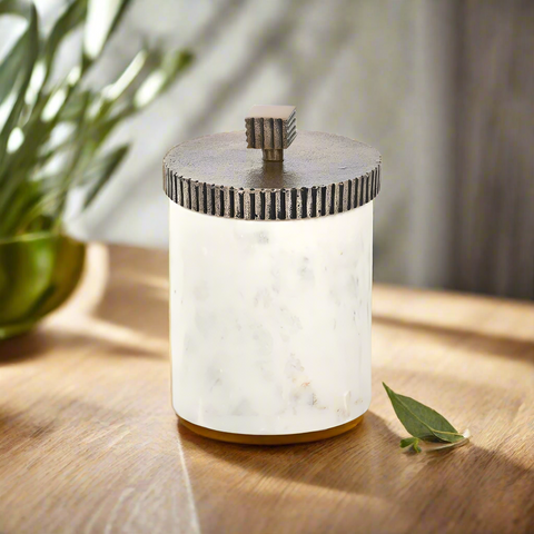 Round Marble Jar White with Brass Lid