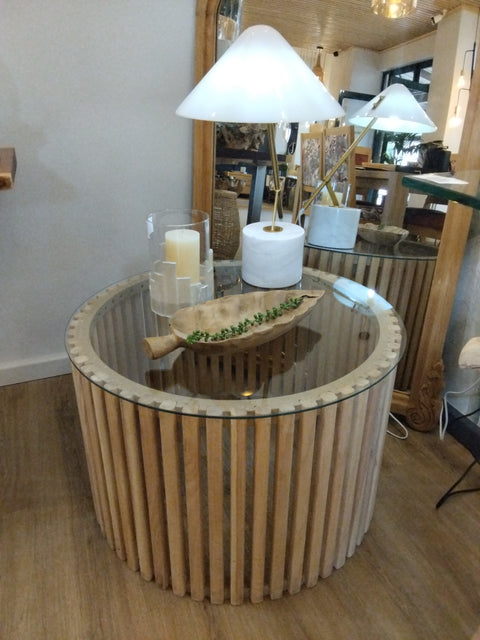 Coffee Table Slatted Wood with Glass Top