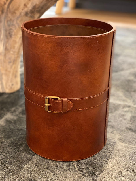 Waste Paper Bin Leather With Buckle In Tan