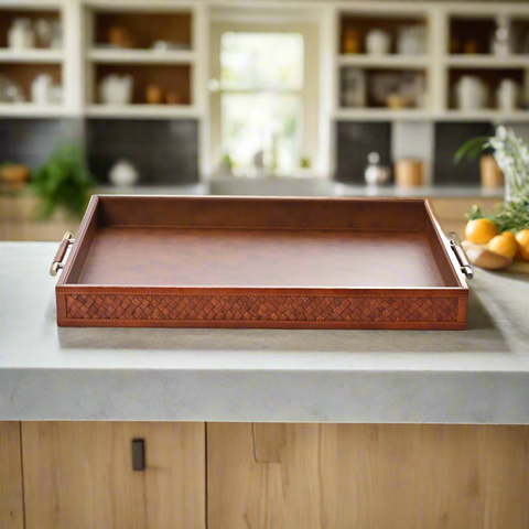 Tray Tan Leather Plaited with handles