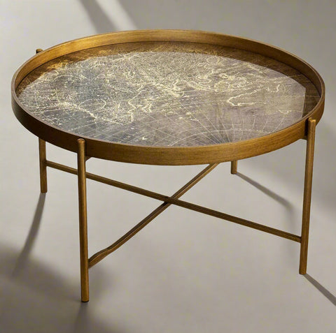 Glass Coffee Table Round Bronze Map