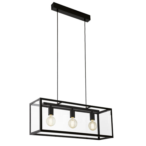 Pendant 3 Light Rectangular Steel and Glass