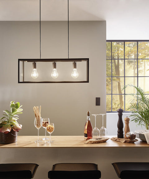 Pendant 3 Light Rectangular Steel and Glass